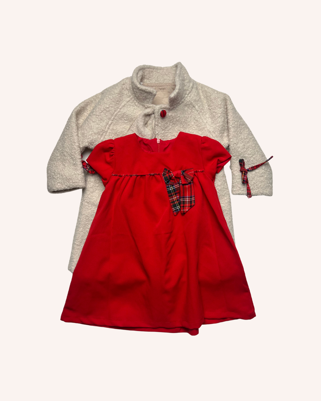 Beige Boucle Coat with Red Dress