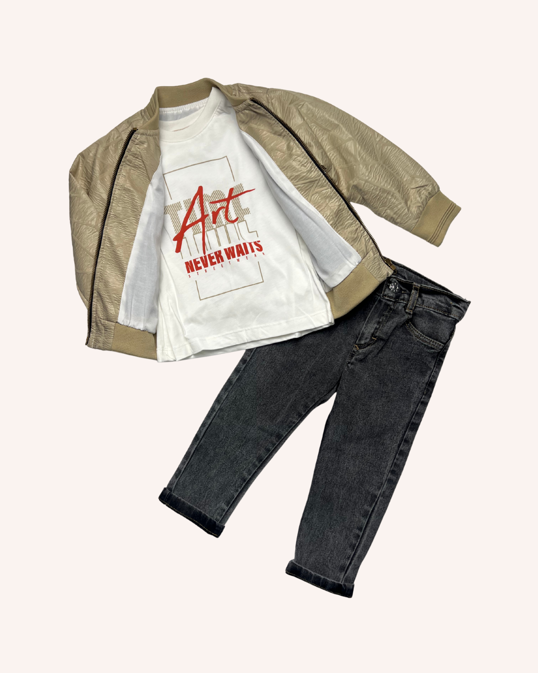 Beige Leather Jacket 3-pcs Set