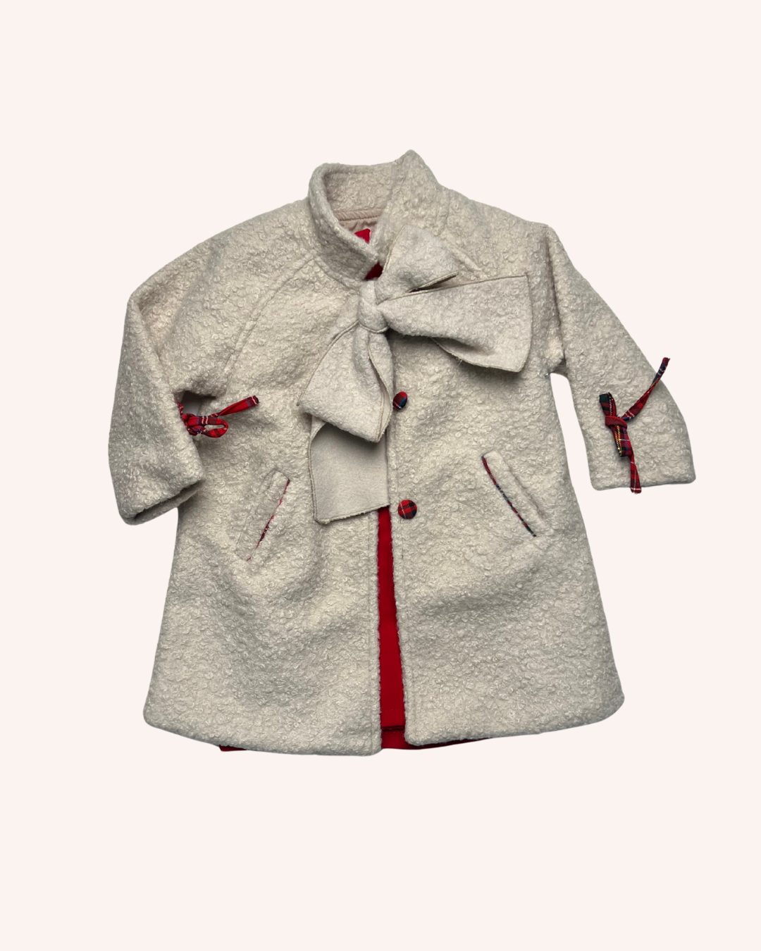 Beige Boucle Coat with Red Dress