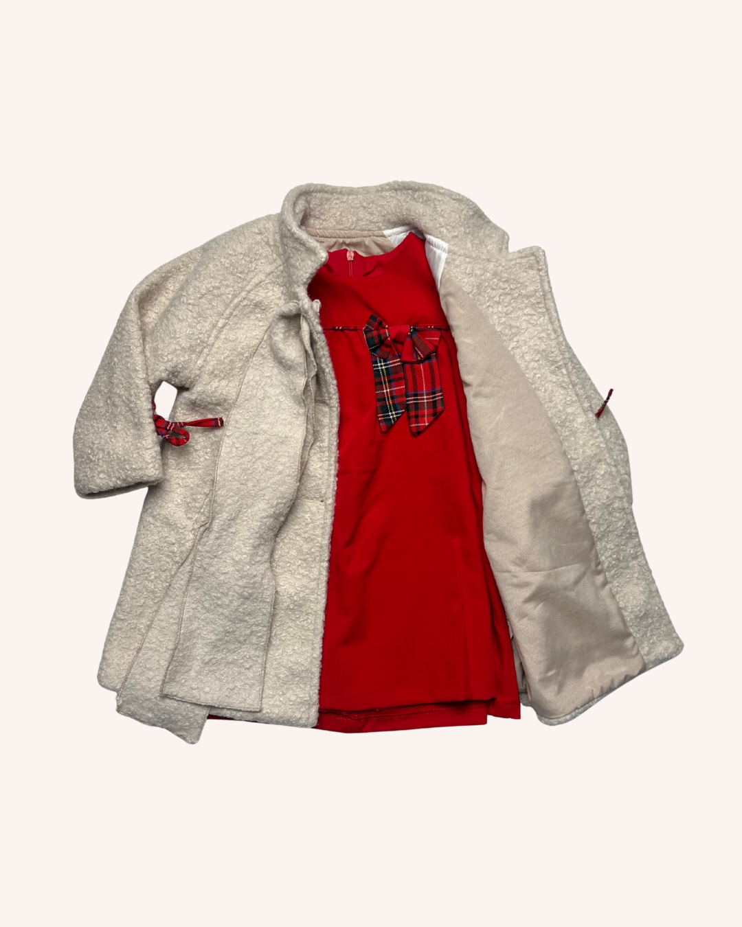 Beige Boucle Coat with Red Dress