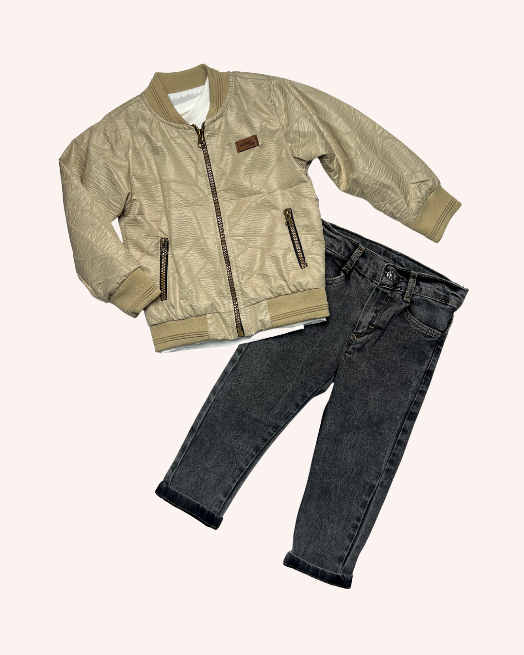Beige Leather Jacket 3-pcs Set