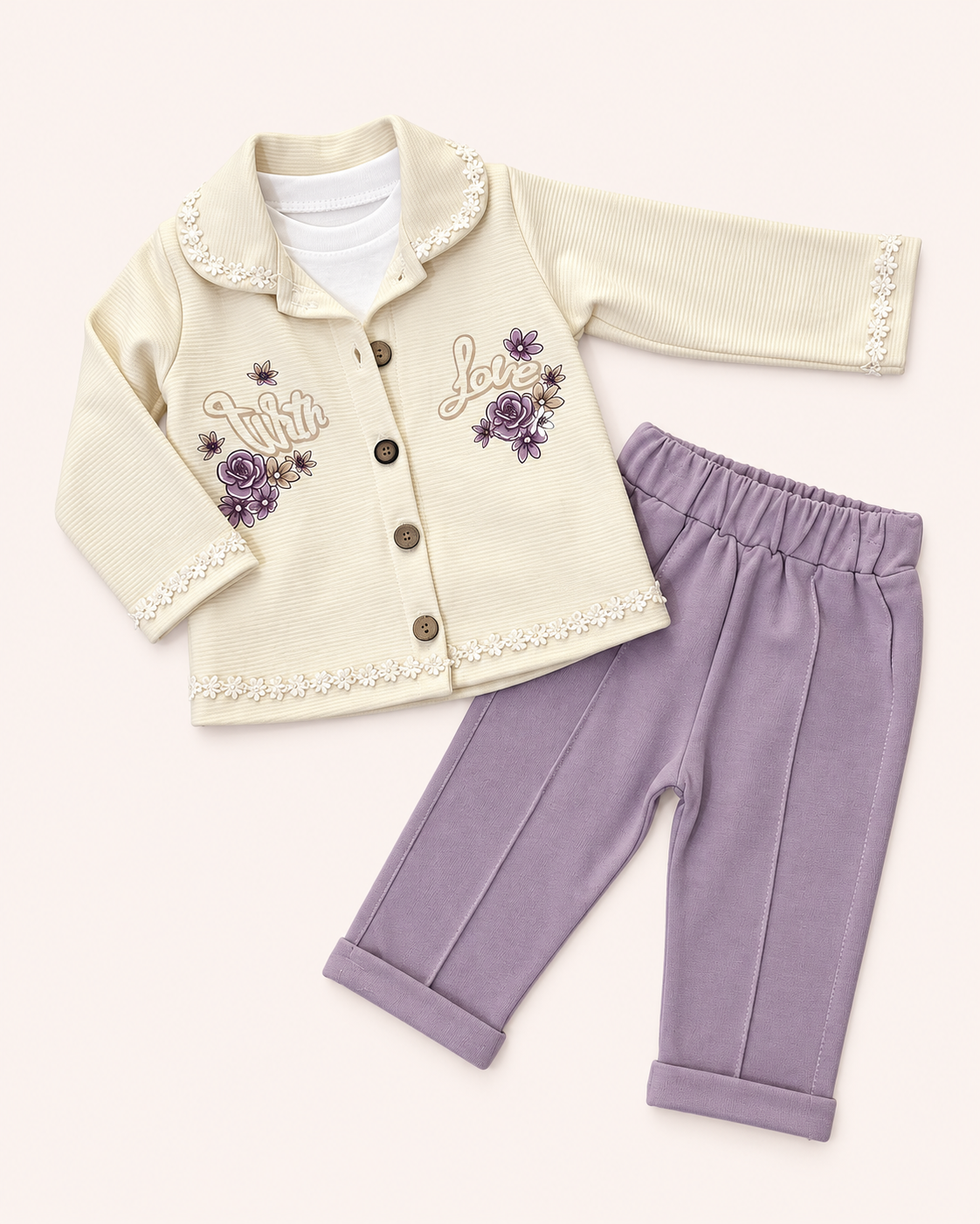 Floral Cardigan & Lavender 3-Pcs Set
